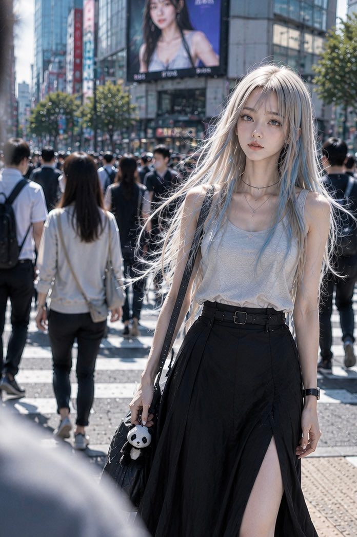 A photorealistic image of a young woman with long silver hair and a black skirt walking on a busy city street during the daytime.