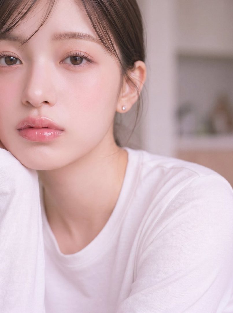 A close-up portrait of a young woman with brown hair and natural makeup, wearing a white t-shirt.