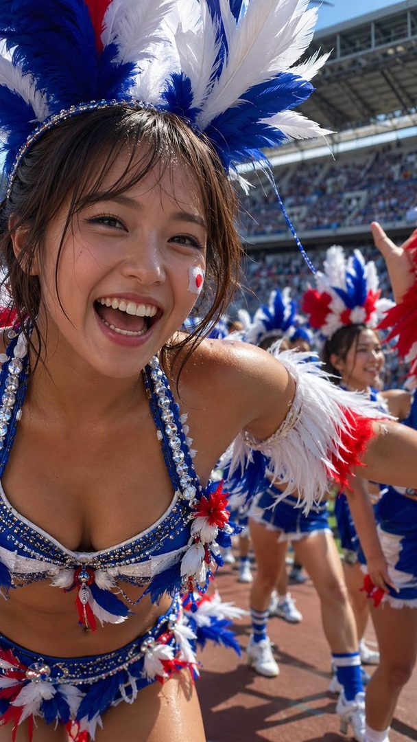 A cheerful Japanese woman in a blue, white, and red feathered cheerleader outfit with a Japanese flag painted on her cheek, smiling broadly at a stadium.