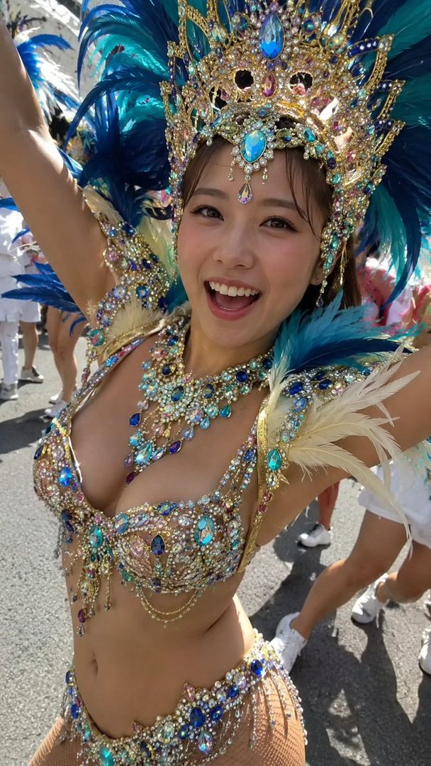 A smiling woman in an elaborate blue and gold carnival costume with feathers and jewels poses on a sunny street.