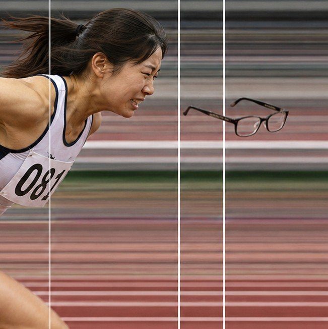 A female athlete with a determined expression is captured mid-run on a track, with her glasses flying off.