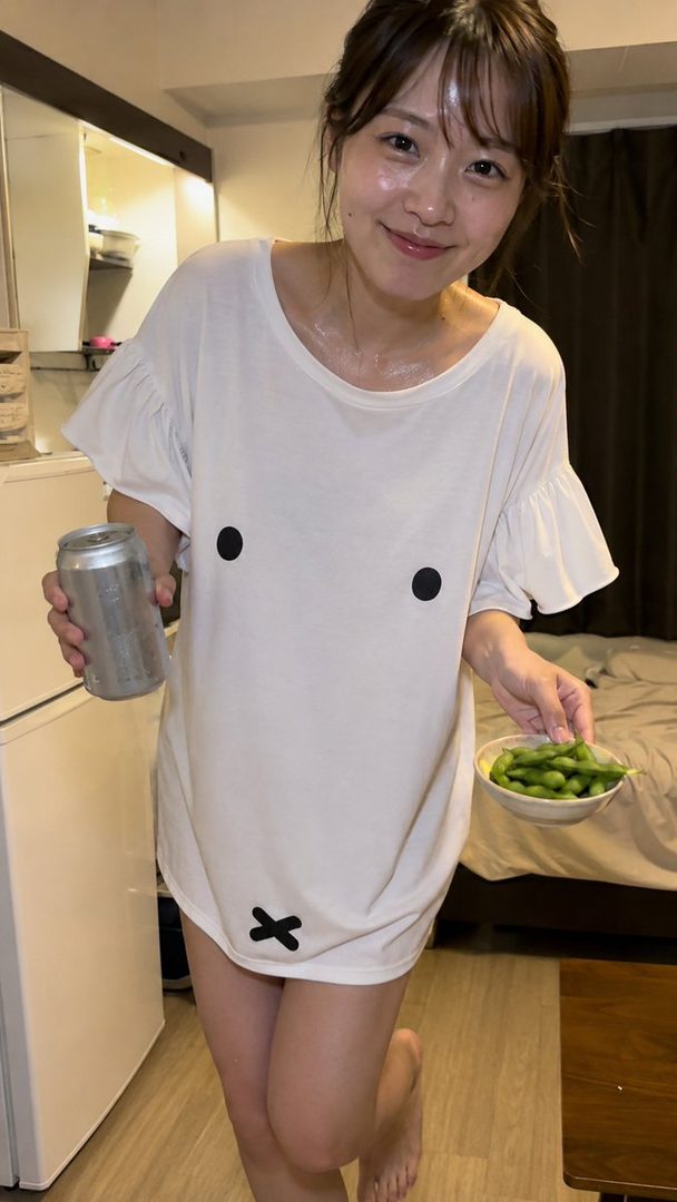A young woman in a white oversized t-shirt holds a can and a bowl of edamame, smiling at the camera in an indoor setting.