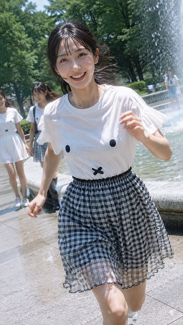 A young woman with black hair and bangs, wearing a white Miffy t-shirt and a black and white checkered skirt, smiles brightly while running outdoors near a fountain with other women in the background.