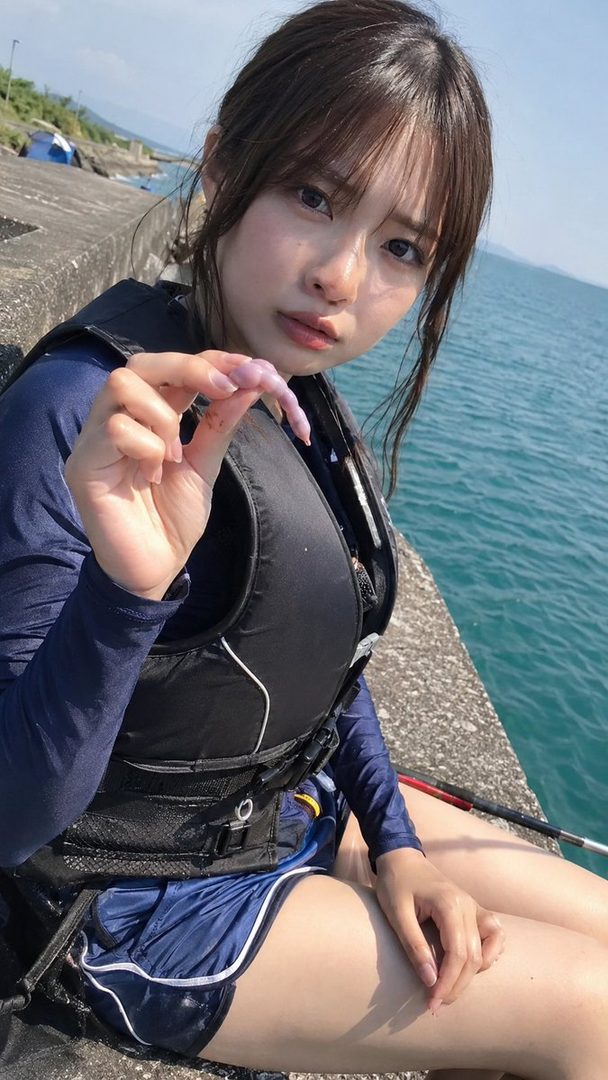 A young woman in a life vest and blue sportswear holds a small creature while sitting by the water on a sunny day.