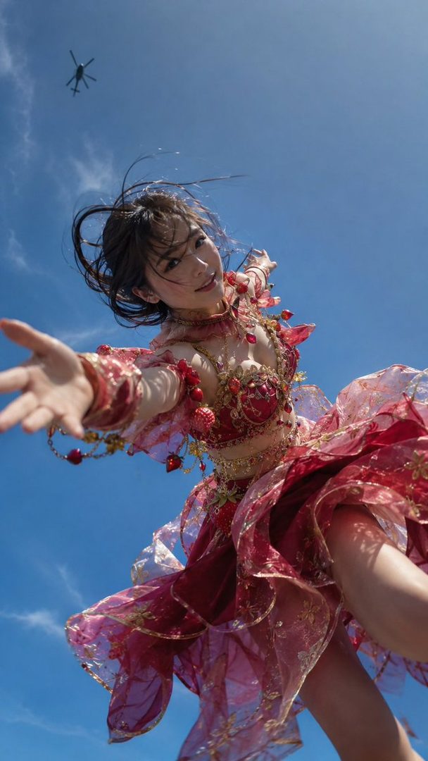 A woman in an elaborate red and gold dress reaches out towards the camera against a bright blue sky with a helicopter in the distance.