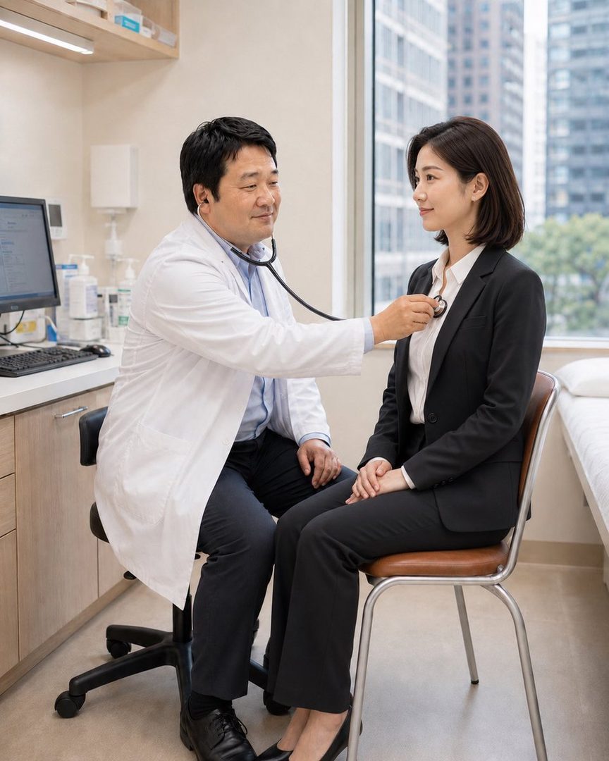 A male doctor in a white lab coat is examining a female patient in a black business suit with a stethoscope in a bright doctor's office.