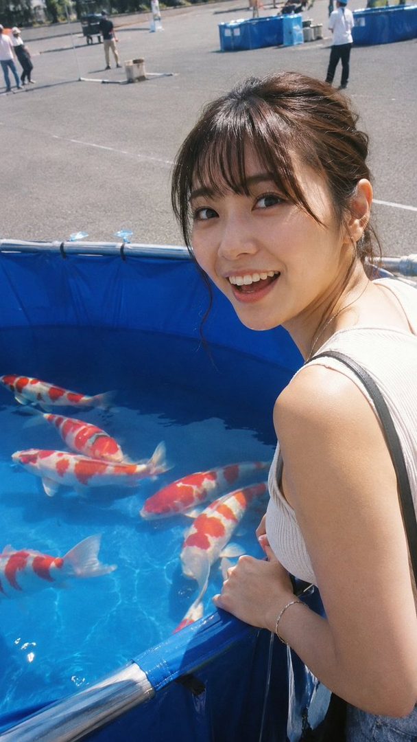 A young woman with brown hair and bangs smiles brightly while looking at koi fish in a blue pool outdoors.