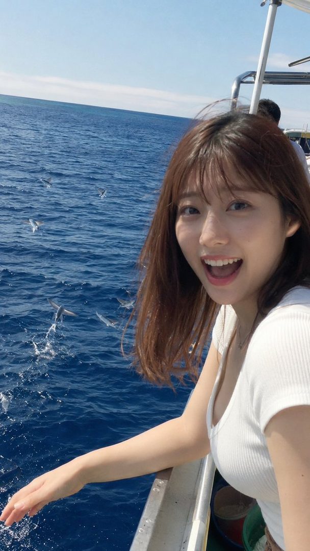 A young woman with brown hair and bangs smiles brightly while on a boat, with the blue ocean and flying fish in the background.