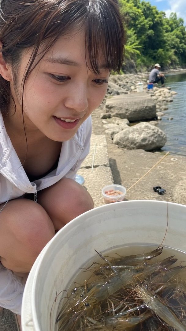 A young woman with brown hair and bangs, wearing a white jacket, crouches outdoors by a river, looking into a bucket filled with live shrimp.