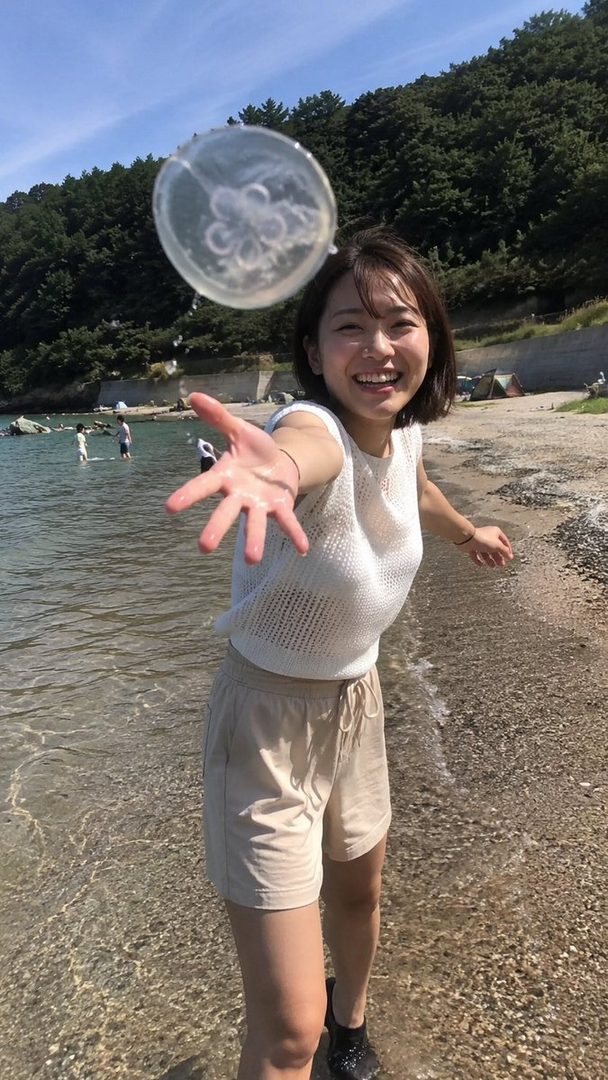 A young woman with short brown hair smiles playfully while holding a jellyfish over a clear water beach on a sunny day.