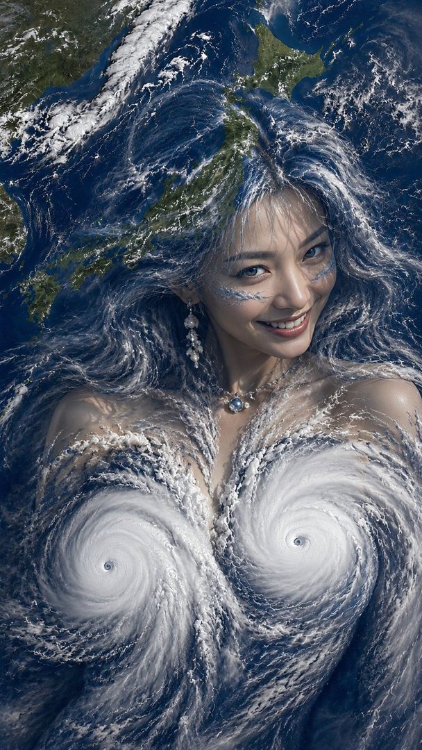 A photorealistic portrait of a woman with hair made of ocean waves and landmasses, and a body formed by swirling hurricane clouds, smiling at the viewer.