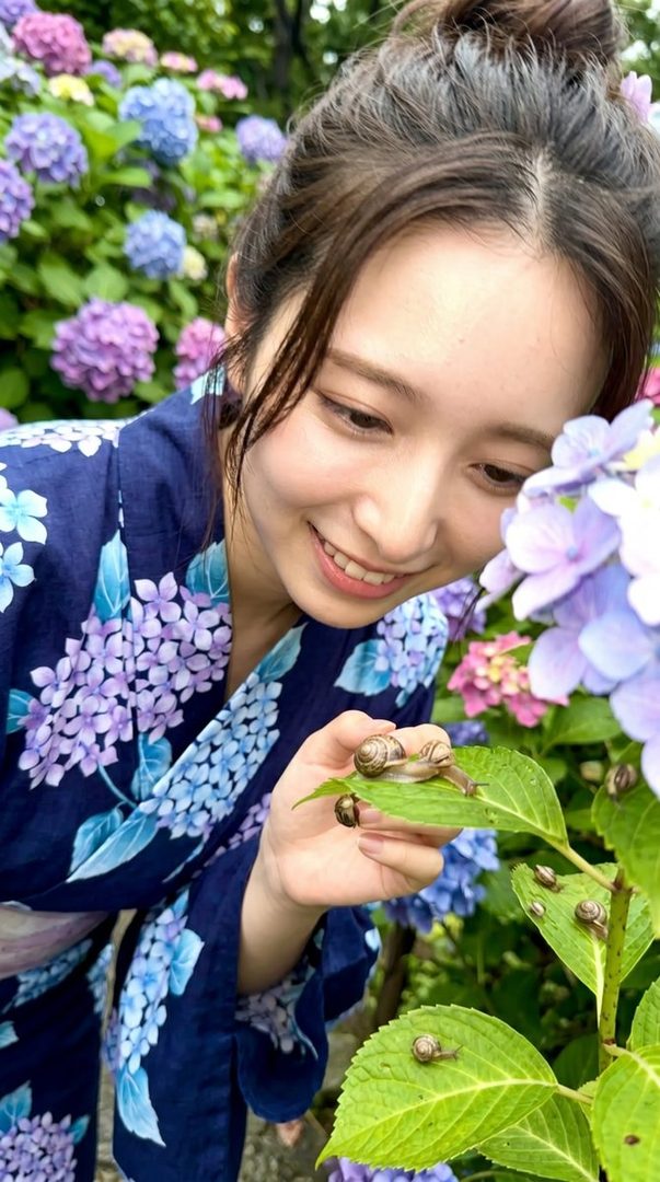 A smiling woman in a blue and purple yukata observes snails on hydrangea leaves in a garden.