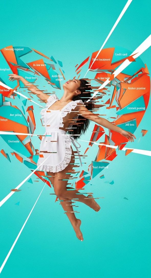 A woman in a maid outfit is depicted with a shattered heart graphic, symbolizing emotional distress, against a teal background.