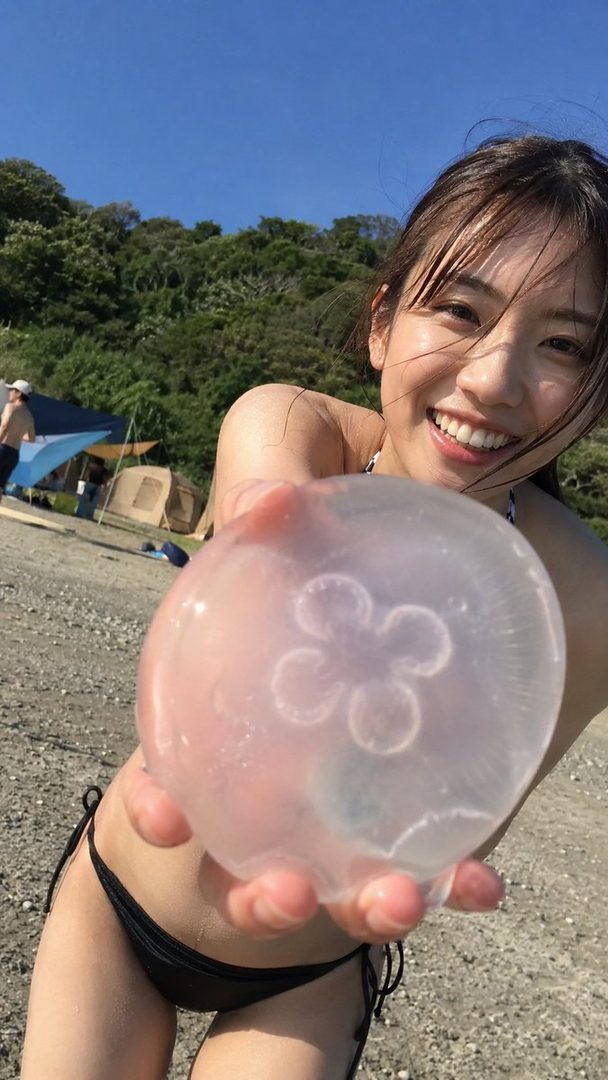A smiling woman in a black bikini holds a jellyfish towards the camera on a sunny beach.