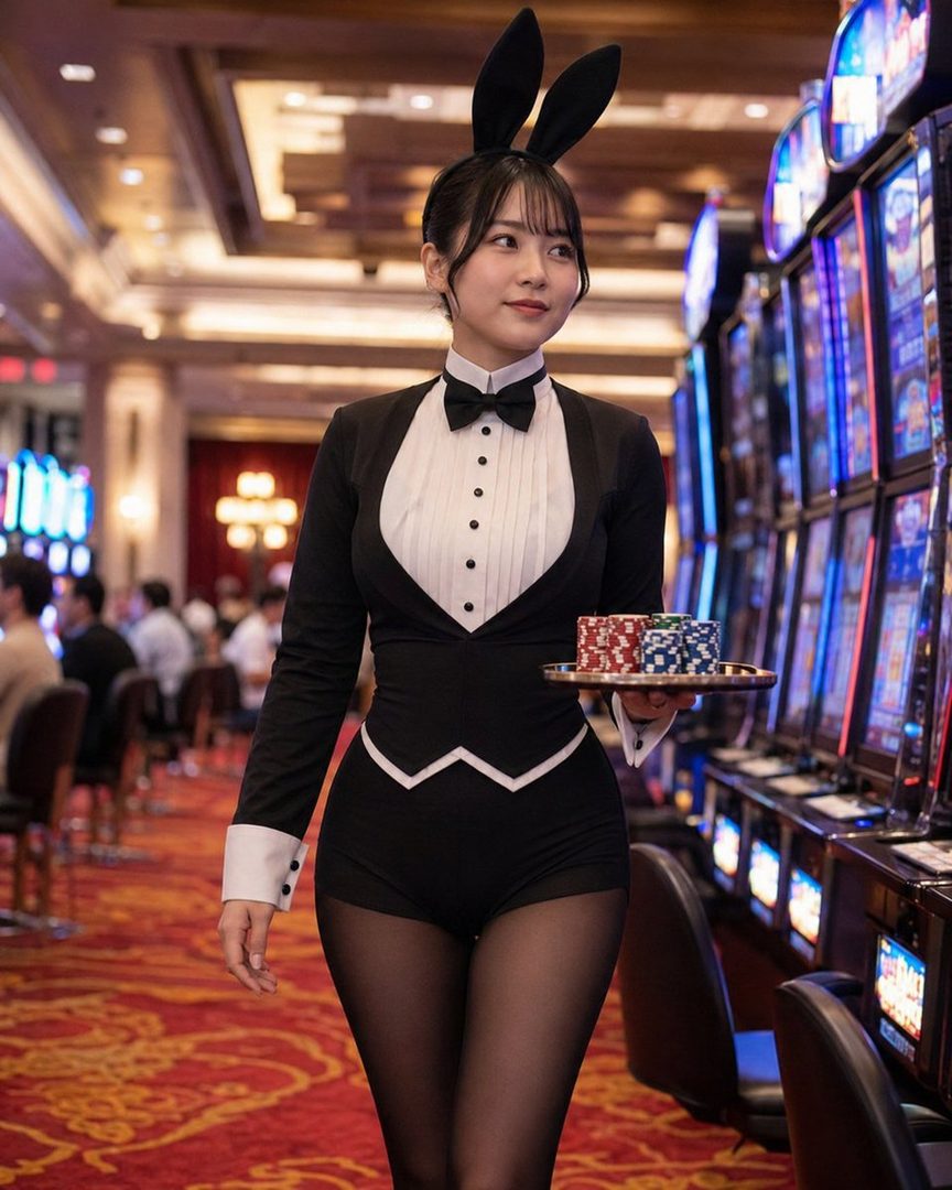 A woman in a bunny suit with a bow tie and bunny ears holds a tray of casino chips in a casino.