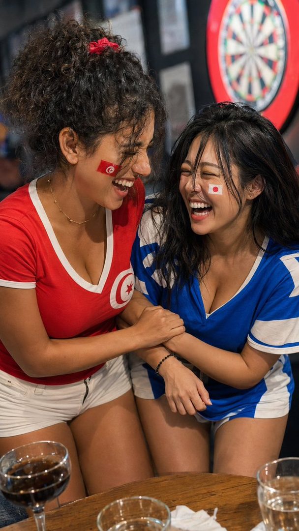 Two women wearing soccer jerseys and face paint, one with a Tunisia flag and the other with a Japan flag, laughing together in an indoor setting.