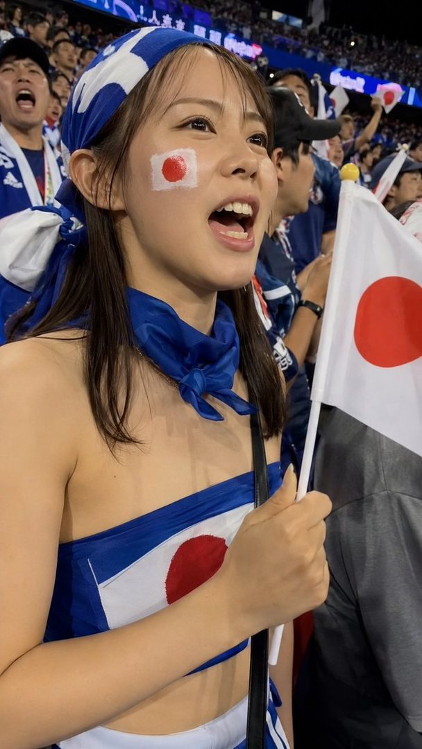 A young Japanese woman with a painted flag on her cheek cheers at a sports event, holding a small Japanese flag.