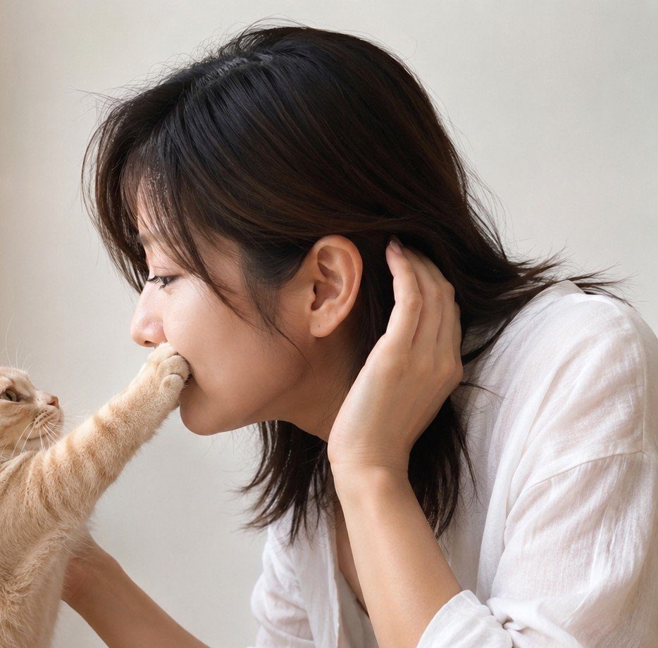 A photorealistic portrait of a woman with dark hair, wearing a white shirt, playfully interacting with a cat whose paw is near her mouth.