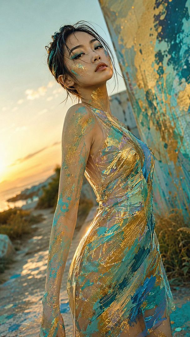 A woman with gold and blue paint on her body and dress poses outdoors during golden hour.