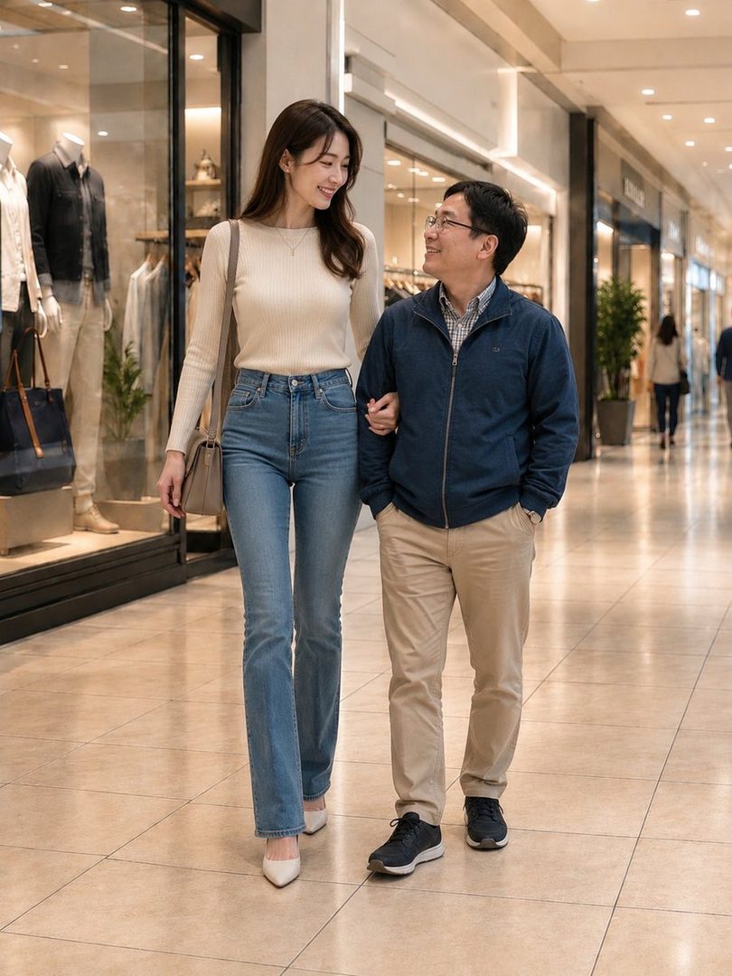 A tall woman in a cream top and jeans walks arm-in-arm with a man in a blue jacket and khakis through a brightly lit indoor shopping mall.