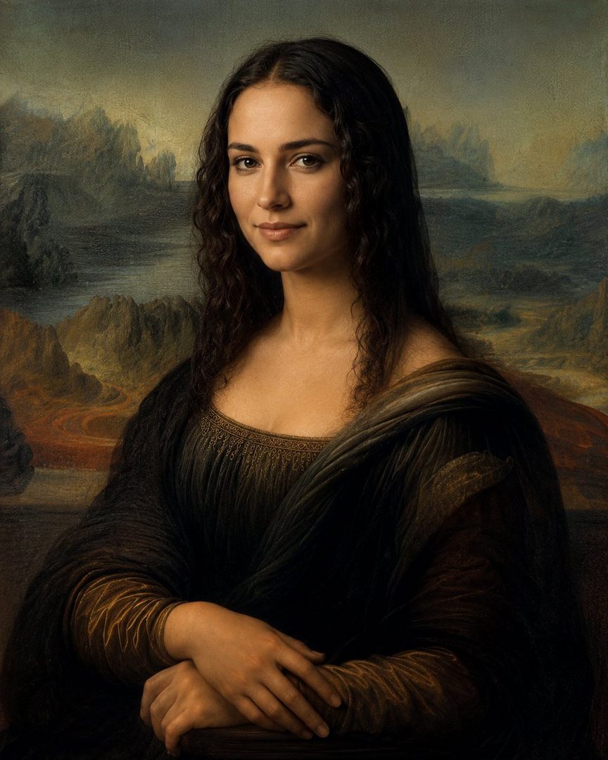 A photorealistic portrait of a woman with long curly brown hair, styled like the Mona Lisa, against a painted landscape background.