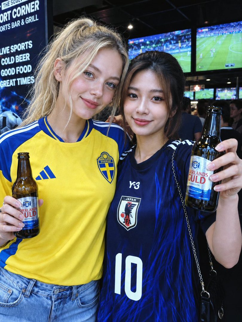 Two women, one blonde and one with brown hair, wearing soccer jerseys and holding beer bottles, smiling in an indoor sports bar.