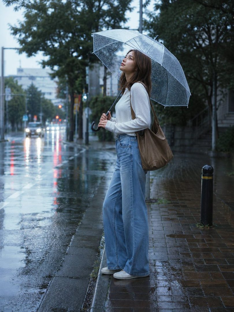 A young woman with long brown hair stands on a wet city street holding a clear umbrella, looking up with a serene expression.