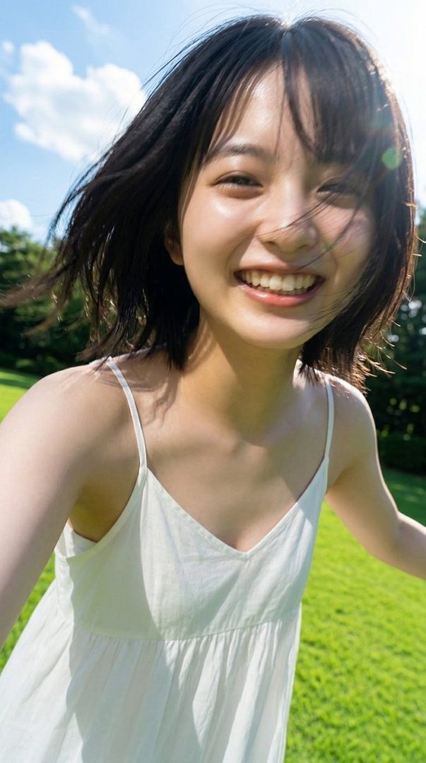 A young woman with short dark hair and bangs smiles brightly at the camera while standing in a sunny green field, wearing a white sundress.