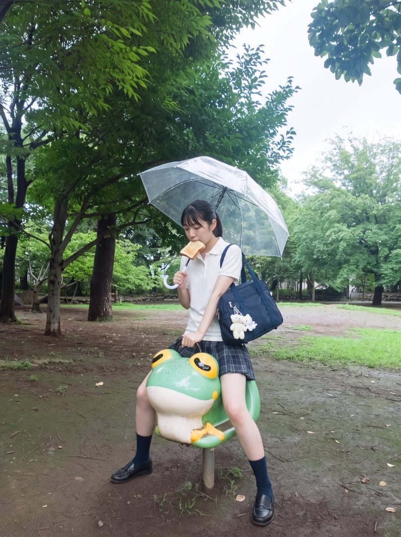 A young woman in a school uniform sits on a frog-shaped spring rider in a park, holding an umbrella and eating toast.