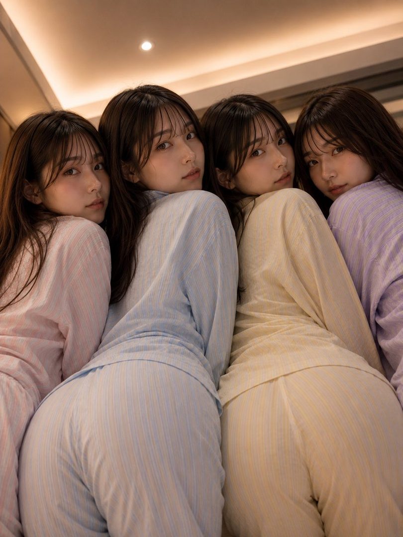 Four young women in pastel striped pajamas are posing with their backs to the camera, looking over their shoulders.