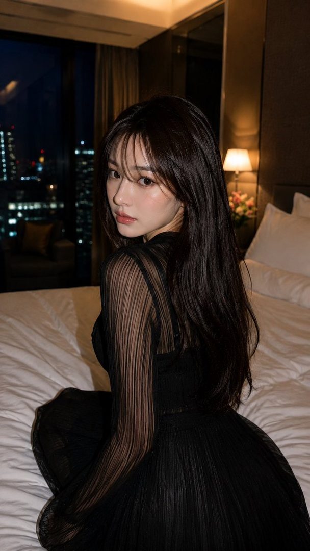 A woman with long black hair and bangs, wearing a black dress, sits on a bed in a hotel room at night, looking over her shoulder.