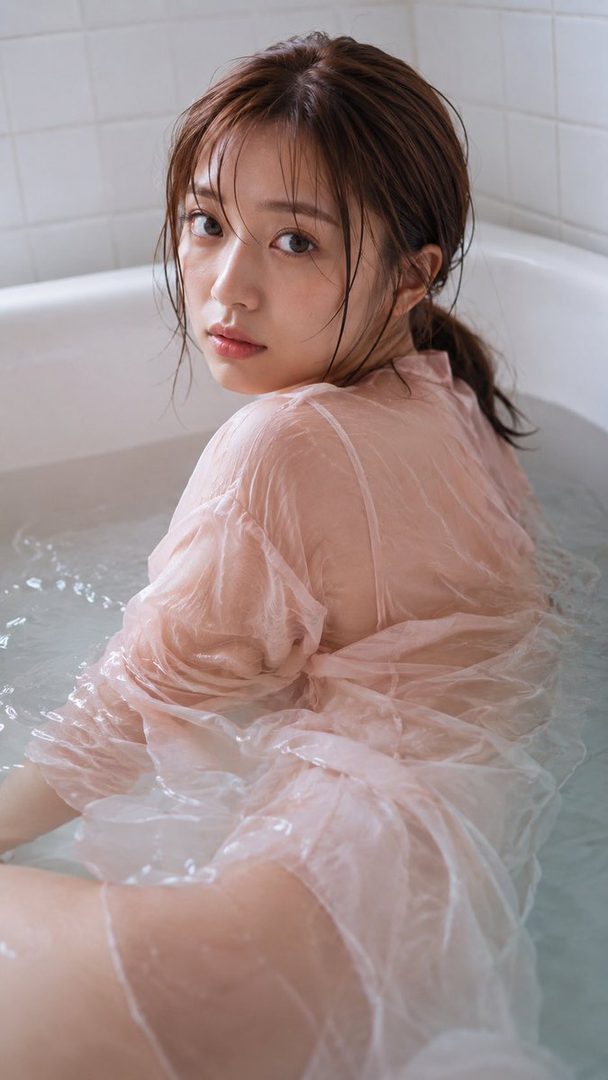 A photorealistic portrait of a young Japanese woman with wet brown hair, wearing a sheer pink top in a bathtub, looking back at the viewer.