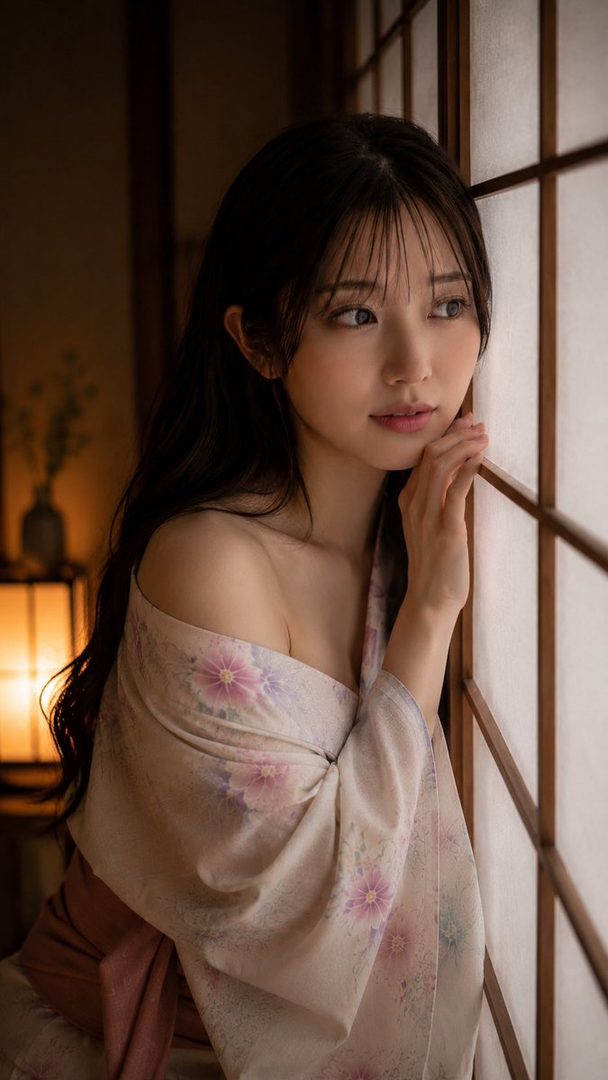 A beautiful woman with long black hair and bangs, wearing a floral kimono, gazes thoughtfully out a traditional Japanese window.