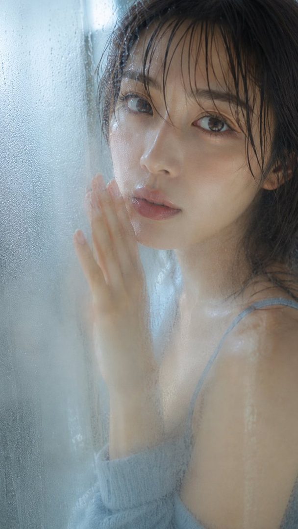 A photorealistic portrait of a woman with wet hair and a light blue top, looking through a steamy glass.