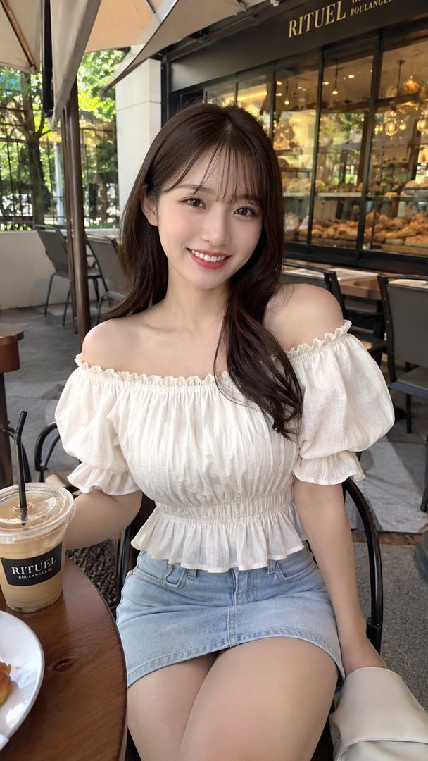 A smiling East Asian woman with long brown hair and bangs, wearing a white off-shoulder blouse and a denim mini-skirt, sits at an outdoor cafe table with a drink.
