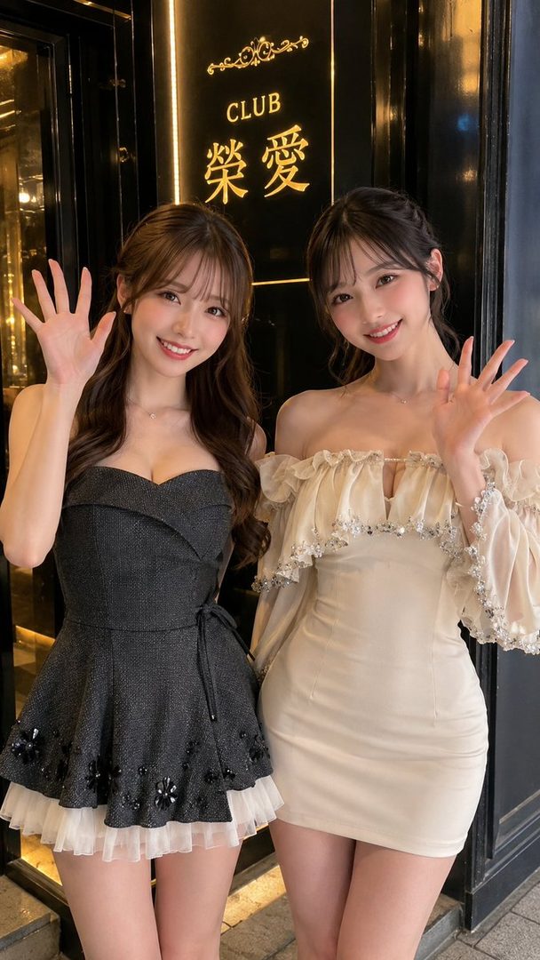 Two young women in elegant dresses pose in front of a building with a 'CLUB' sign at night.