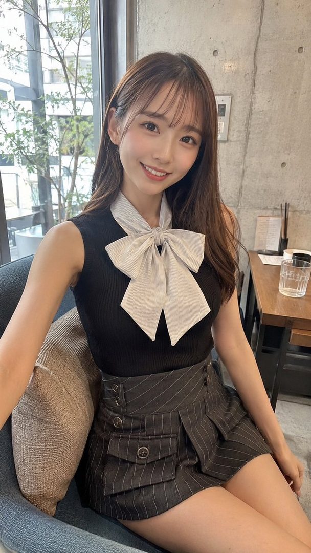 A smiling young woman with long brown hair and bangs, wearing a black top with a large white bow and a pinstriped skirt, sitting indoors.