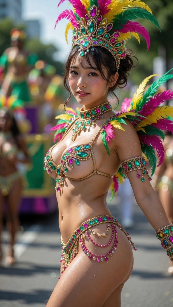 A woman in a vibrant, jeweled samba costume with a feathered headdress poses during a carnival parade.
