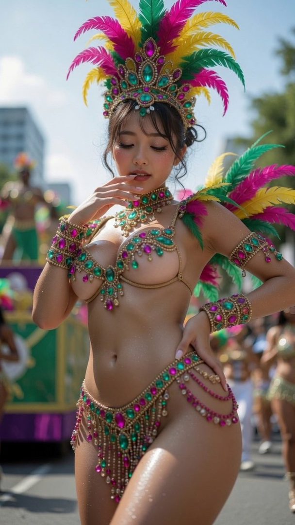 A woman in a vibrant, jeweled carnival costume with a feathered headdress poses outdoors during a parade.