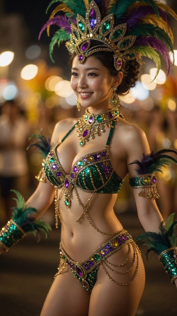 A beautiful woman in a vibrant green and purple jeweled samba costume with a feathered headdress smiles during a night parade.