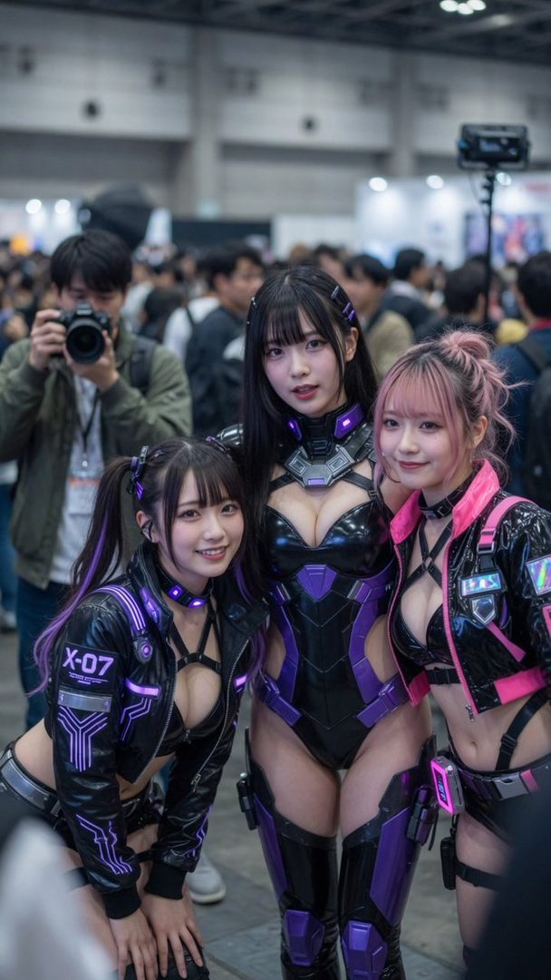 Three women in cyberpunk-inspired black and purple costumes pose at an indoor event, with one woman in a full bodysuit, another in a jacket and bra top with pigtails, and a third in a jacket and bra top with pink hair.