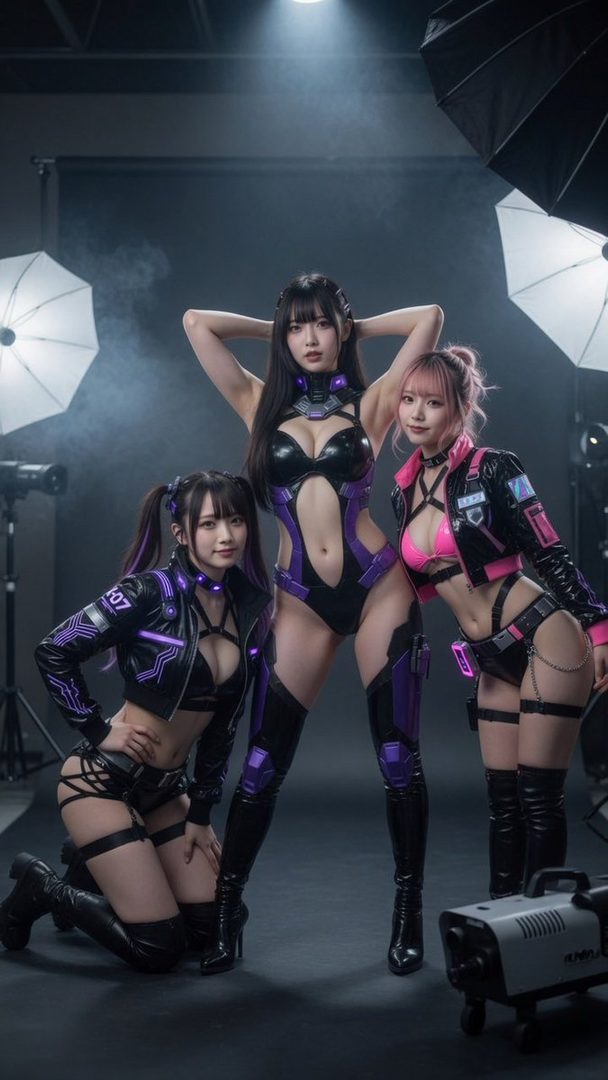 Three women in cyberpunk-inspired black and purple outfits pose in a photo studio with studio lights.