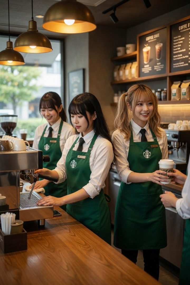 Three young women in green aprons and white shirts are working as baristas in a coffee shop, with one preparing a drink and another handing a cup to a customer.