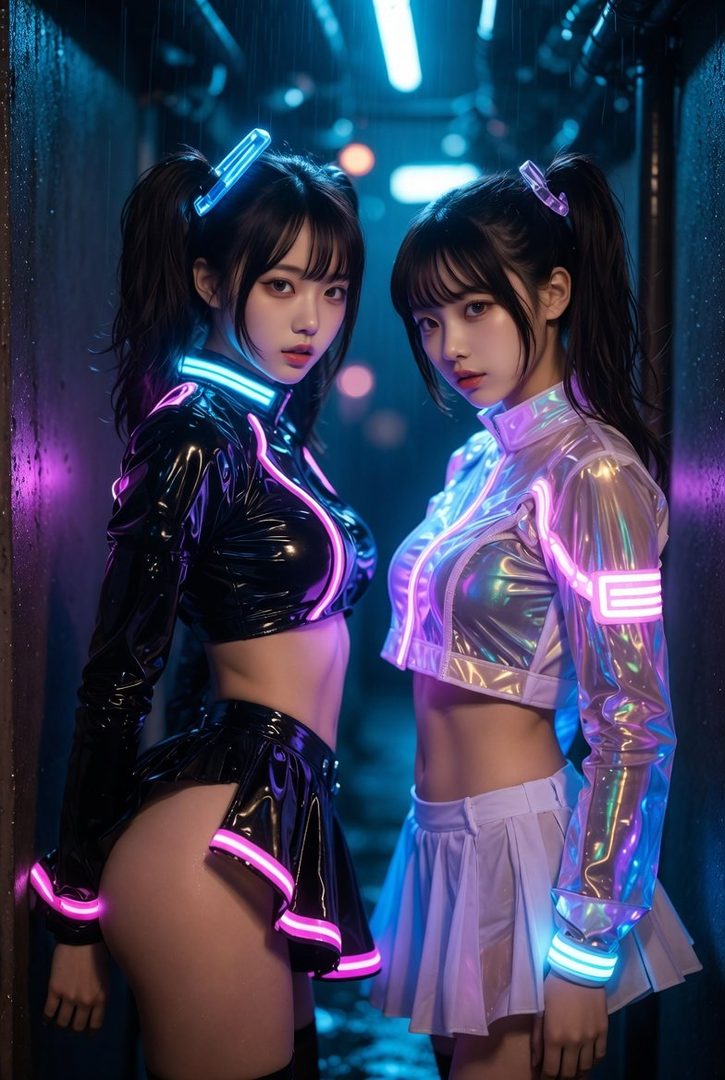 Two women in cyberpunk-inspired outfits with neon accents stand in a dark, rainy urban setting.