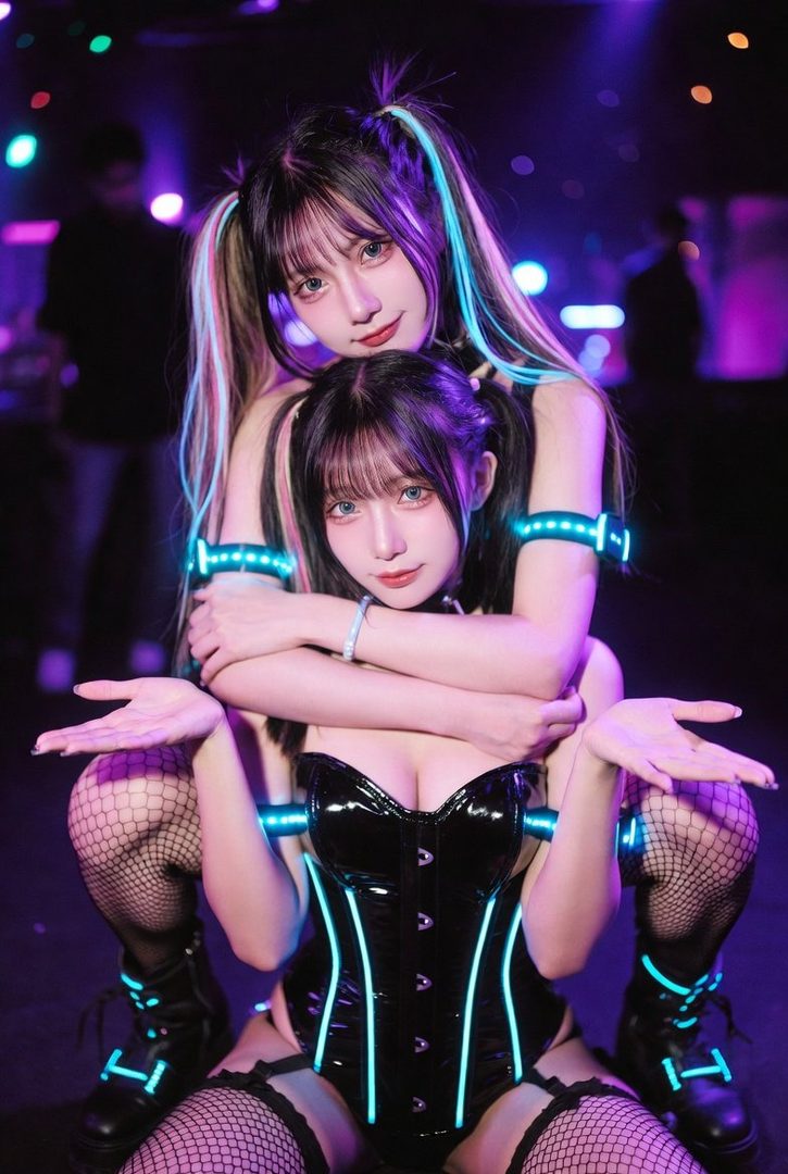 Two women in cyberpunk-inspired outfits with neon accents pose in a dark, club-like setting.