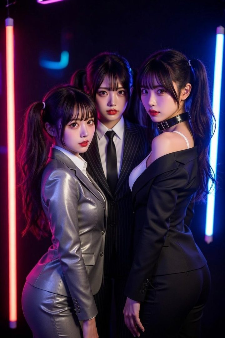 Three women with dark hair in pigtails, wearing business suits and chokers, pose in a cyberpunk setting with neon lights.