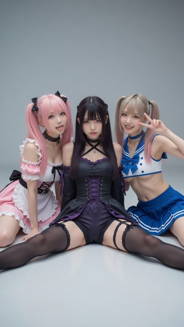 Three anime-inspired girls in cosplay outfits, including a pink maid dress, a black gothic dress, and a blue sailor uniform, pose in a studio.