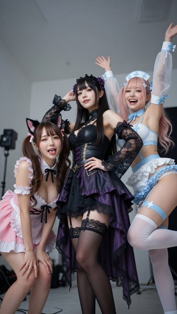 Three women in various cosplay outfits, including a maid, a gothic-style dress, and a nurse, posing playfully in a studio setting.