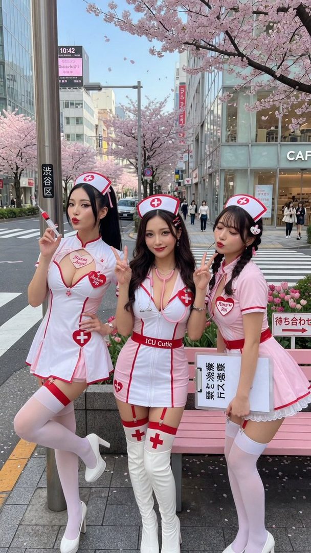 Three women in pink and white nurse cosplay outfits pose on a city street lined with cherry blossom trees.