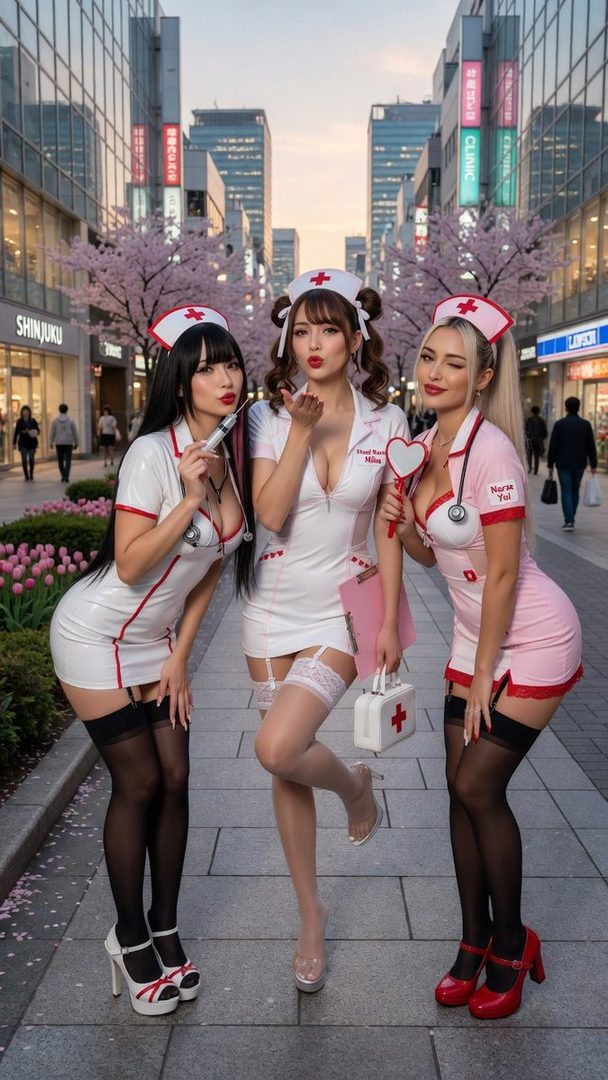 Three women in suggestive nurse cosplay outfits pose on a city street lined with cherry blossom trees.